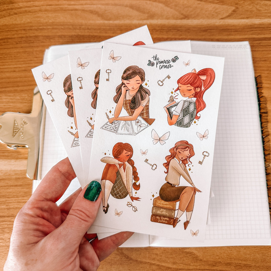 Light Academia Girl GOLD FOIL journaling sticker sheet - translucent stickers - Light Academia Collection