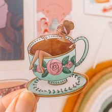 Load image into Gallery viewer, Relaxing with a Cup of Tea CLEAR Vinyl Sticker Decal - Illustrated Collection