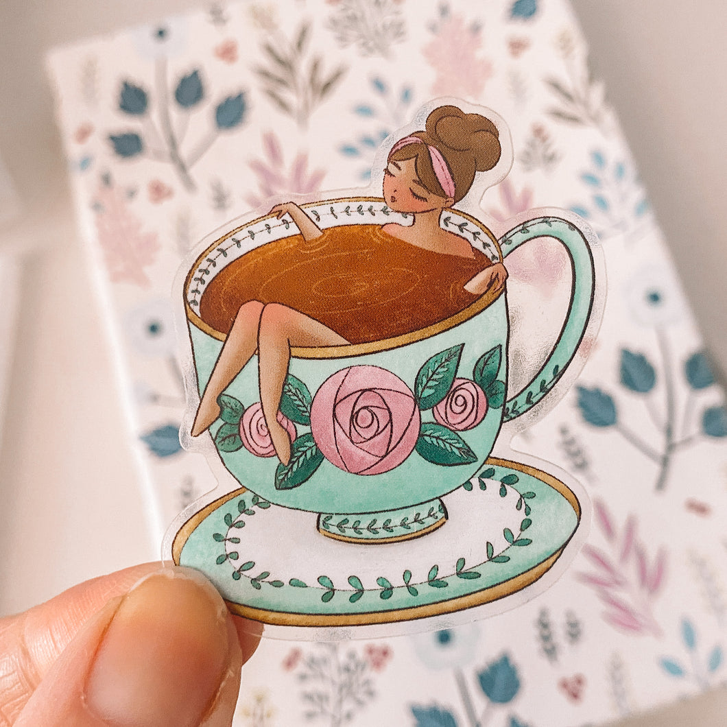Relaxing with a Cup of Tea CLEAR Vinyl Sticker Decal - Illustrated Collection